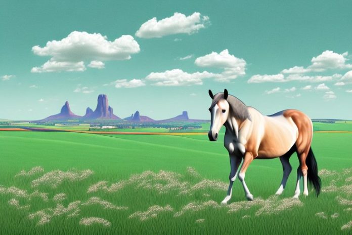 A horse in a field with the uitenhage landscape in the background