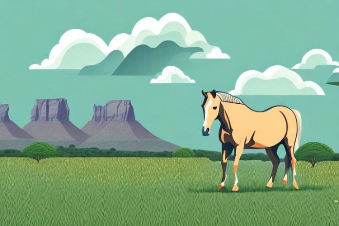 A horse in a field with a backdrop of the south african landscape