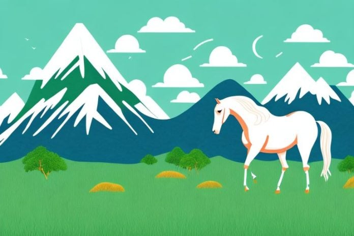 A horse in a grassy field with a mountain range in the background