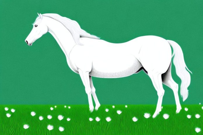A white horse with a black mane