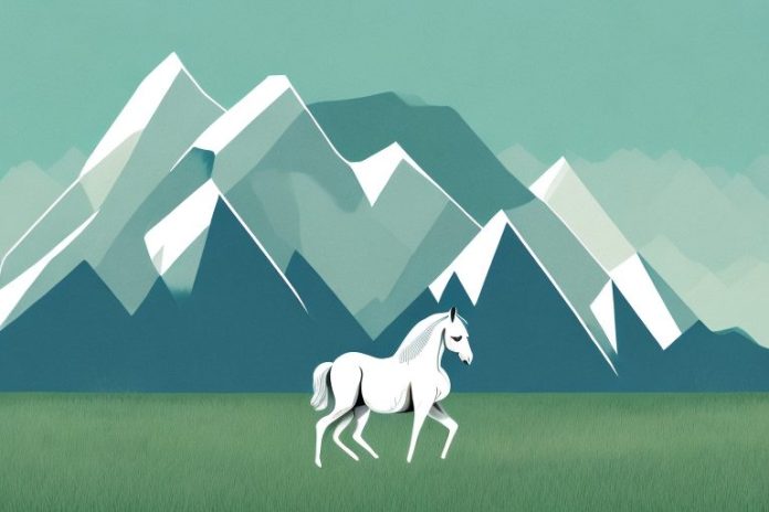 A horse in a field with a mountain range in the background