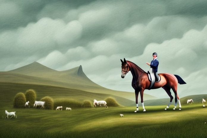 An irish sport horse in a rural landscape in orkney