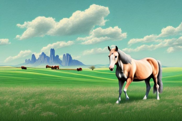 A horse in a field with a lichtenburg landscape in the background