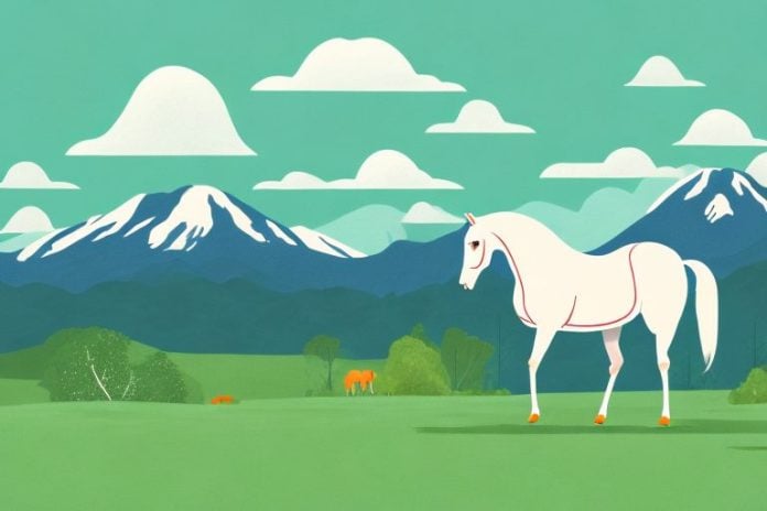 A horse in a paddock with a backdrop of rolling hills and mountains
