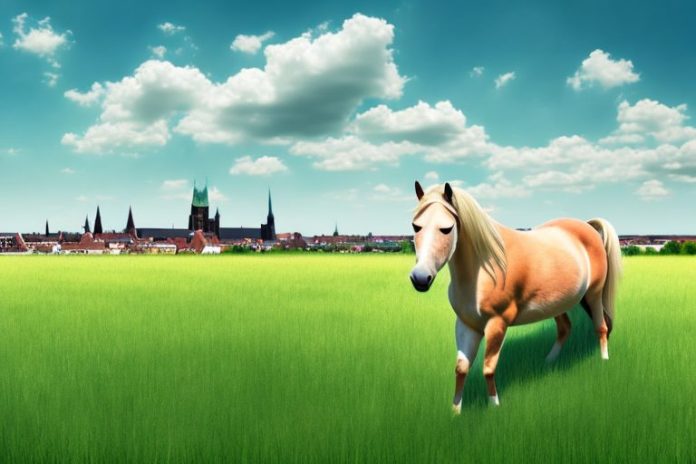 A haflinger horse in a field of grass