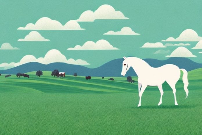 A horse in a field with rolling hills in the background