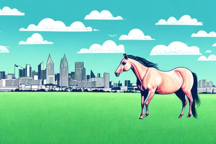 A horse in a field with the port elizabeth skyline in the background