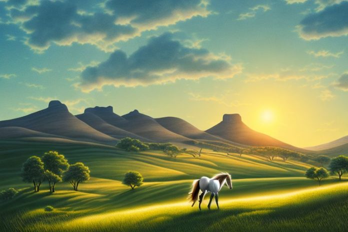 A horse in a rural landscape with rolling hills and a south african sunset