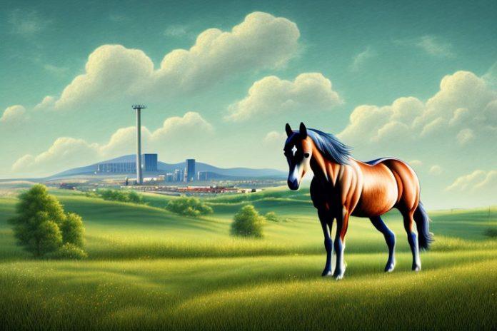 A horse in a rural landscape with a backdrop of the ficksburg skyline