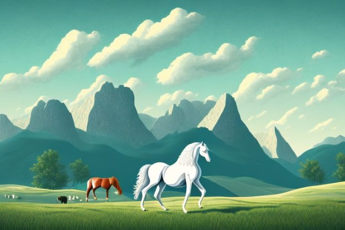 A horse in a rural landscape with a backdrop of mountains