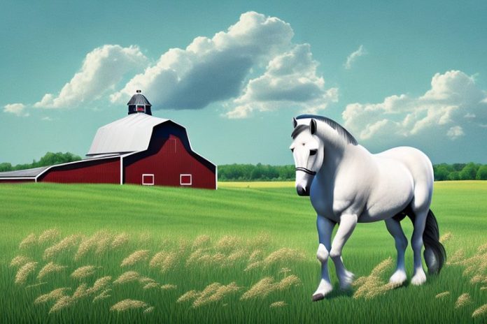 A percheron horse in a field with a barn in the background