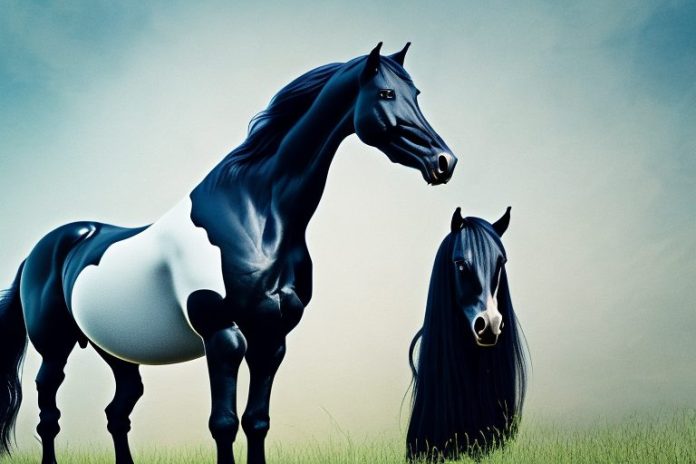 A friesian horse in a pasture