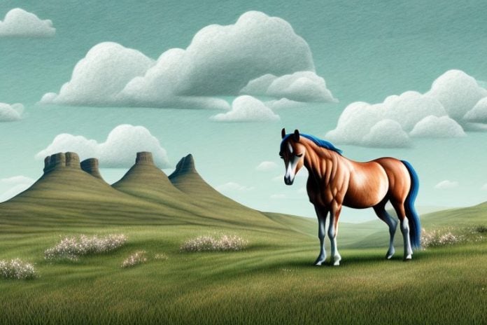 A horse in a rural landscape in orkney