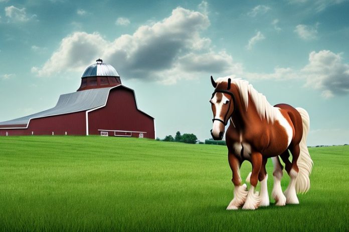 A belgian draft horse in a pasture with a barn in the background