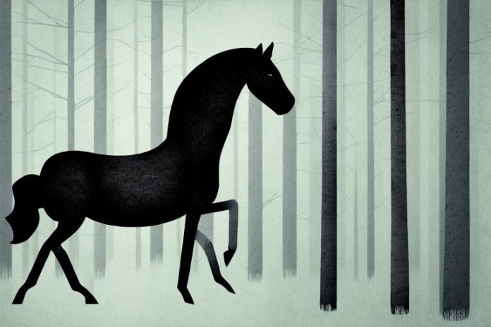 A black horse in a forest setting