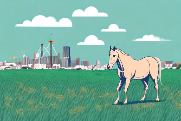 A horse in a field with a backdrop of newcastle