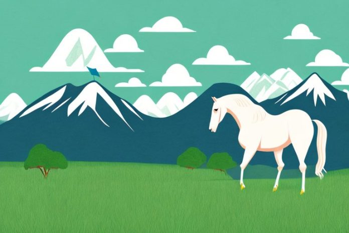 A horse in a grassy field with a mountainous landscape in the background