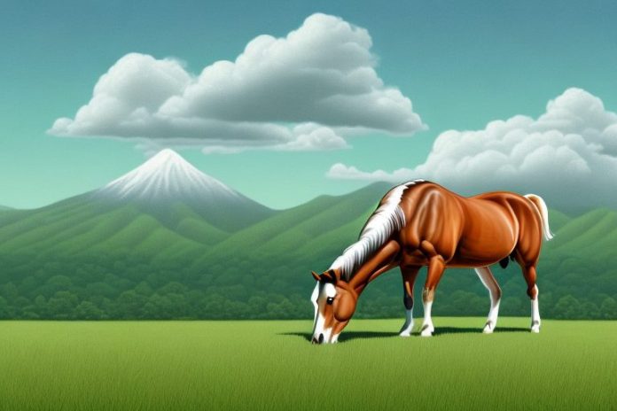 A tongan landscape with an american quarter horse grazing in the foreground