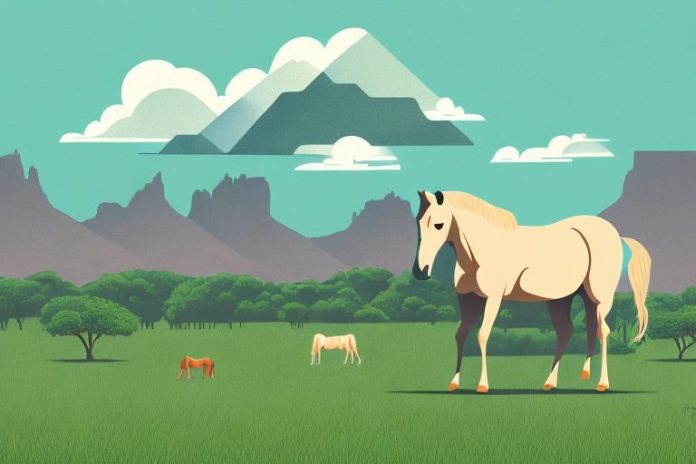 A horse in a paddock with a backdrop of the south african landscape