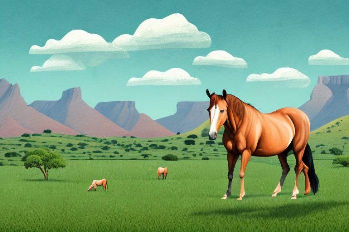 A horse in a paddock with a south african landscape in the background