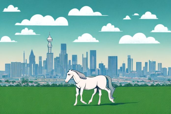 A horse in a field with a backdrop of the east london