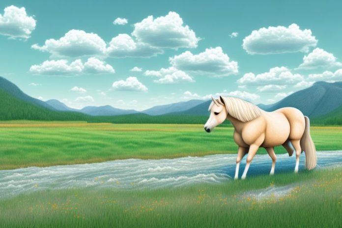 A haflinger horse in a meadow with a white river flowing in the background