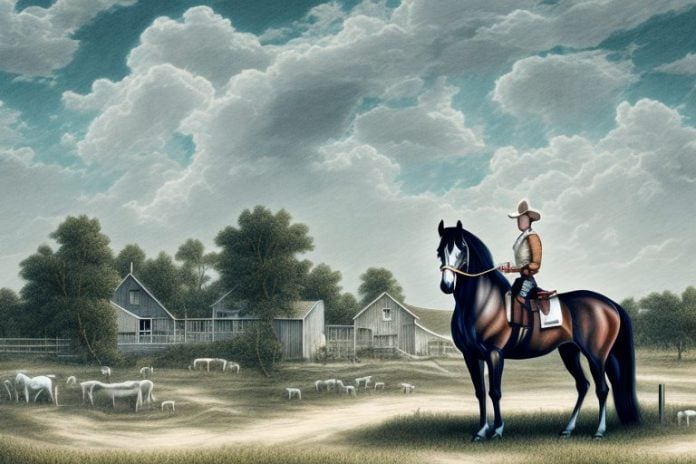 A king william's town landscape featuring an american quarter horse in the foreground