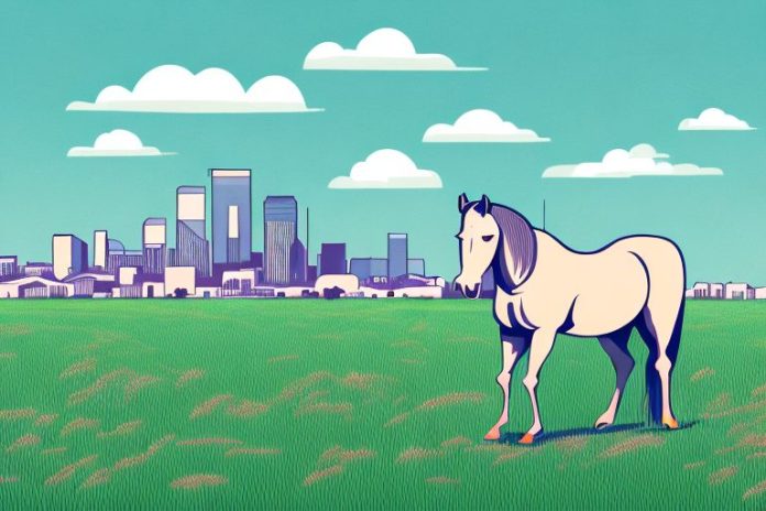 A horse in a field with the bloemfontein skyline in the background