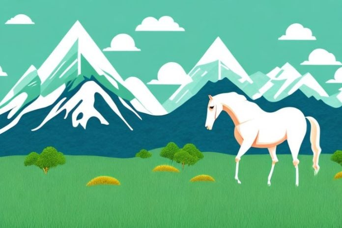 A horse in a grassy field with a mountain range in the background