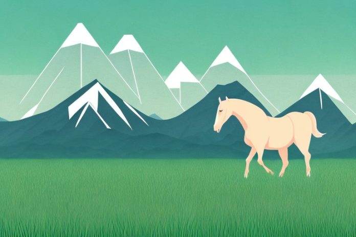 A horse in a field of grass with mountains in the background