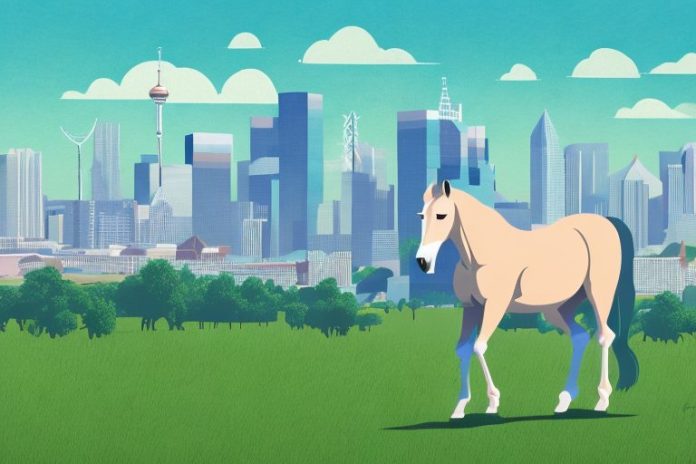 A horse in a paddock with a johannesburg skyline in the background