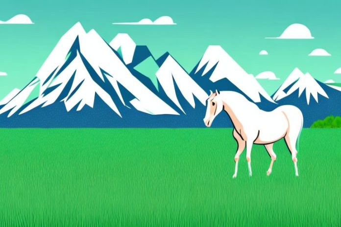 A horse in a field of grass with a mountain range in the background
