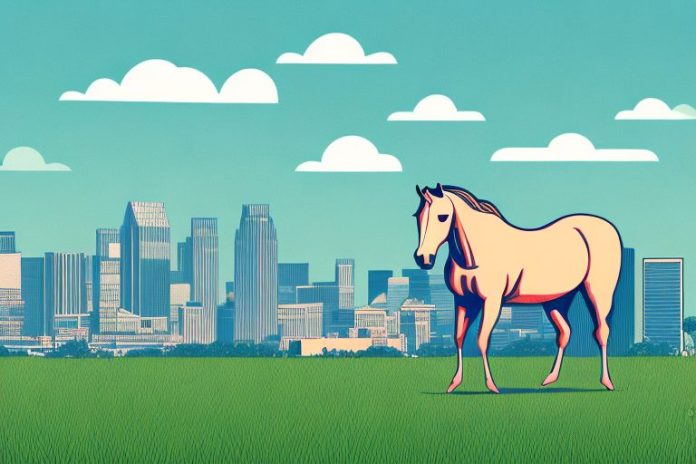 A horse in a field with a backdrop of the pretoria skyline
