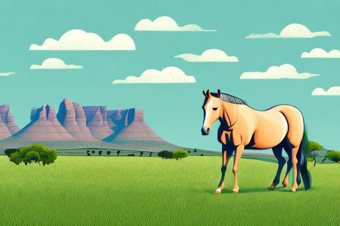 A horse in a field with a south african landscape in the background