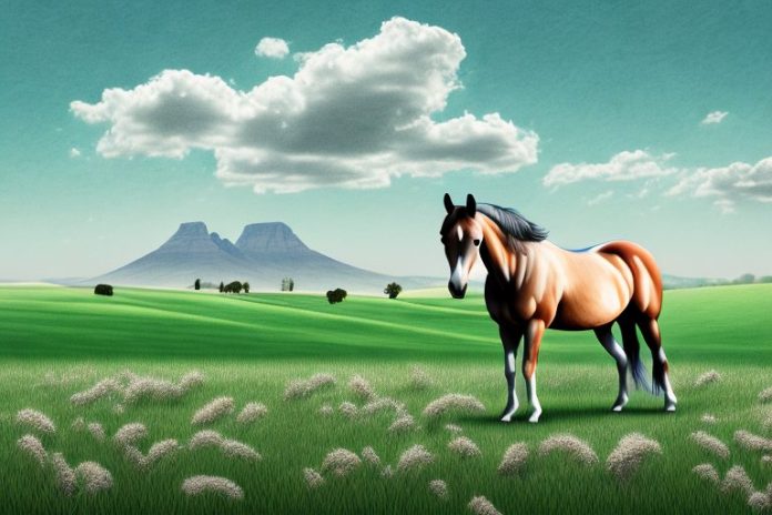 A horse in a field with a kempton park