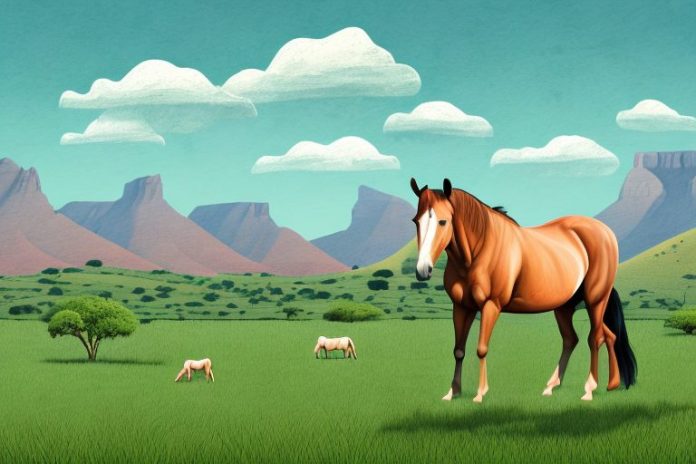 A horse in a paddock with a south african landscape in the background