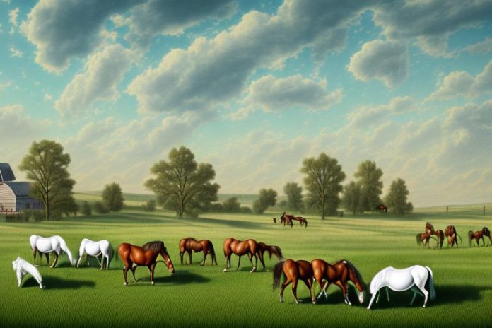 A modimolle landscape featuring a horse ranch with american quarter horses grazing in the fields
