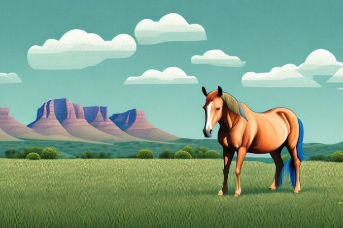 A horse in a field with a south african landscape in the background