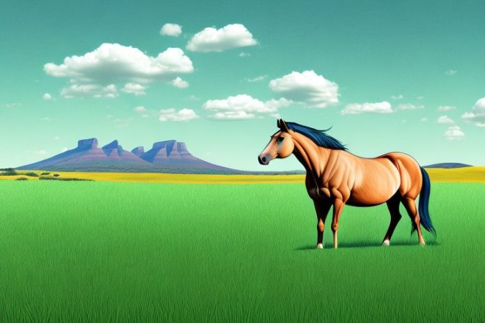 A horse standing in a field of grass with a south african landscape in the background
