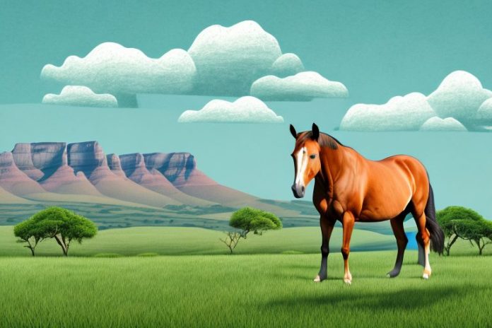 A horse in a pasture with a south african landscape in the background