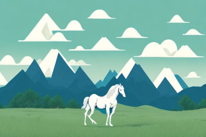 A horse in a field with mountains in the background