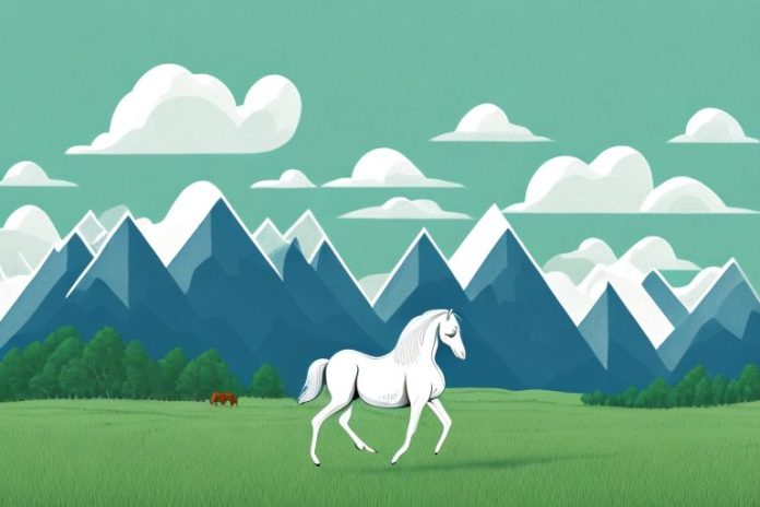 A horse in a field with a mountainous landscape in the background