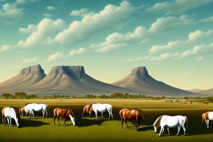A south african landscape with a herd of american quarter horses grazing in the foreground