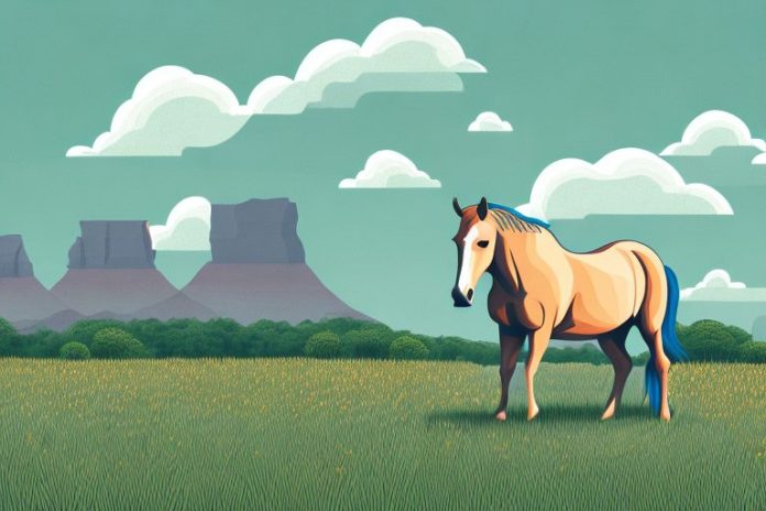 A horse in a field with a backdrop of the south african landscape