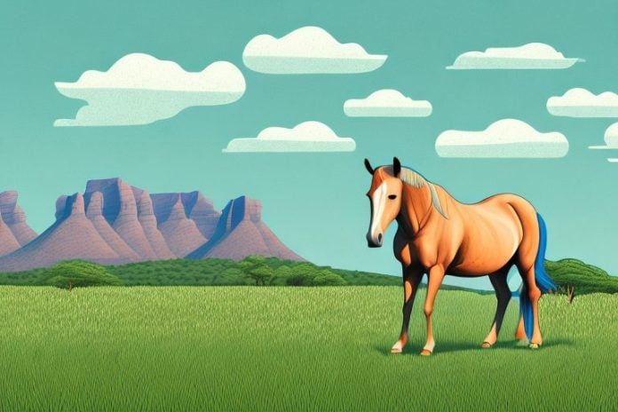A horse in a field with a south african landscape in the background