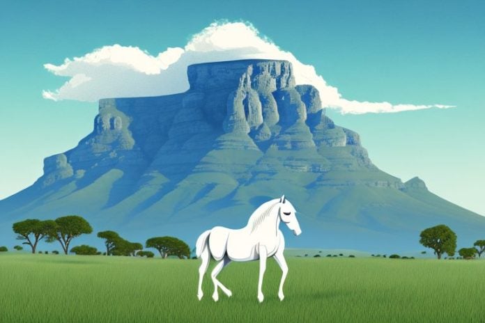 A horse in a paddock with the iconic table mountain in the background