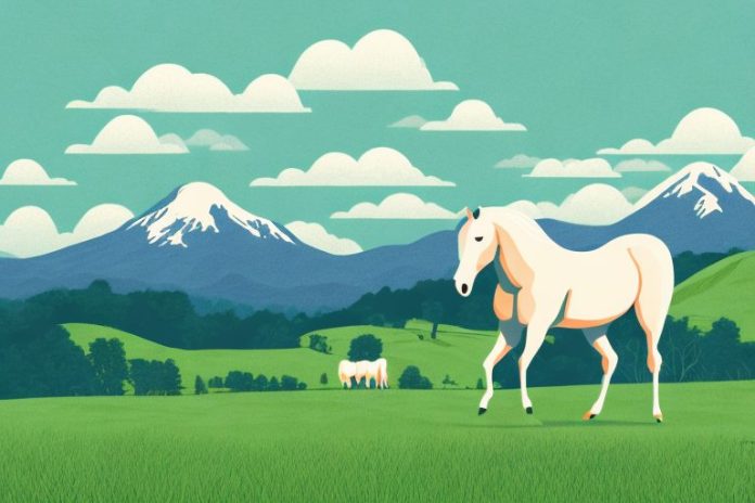 A horse in a rural setting with rolling hills and mountains in the background