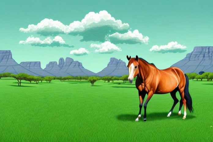 A horse in a lush green pasture with the south african landscape in the background
