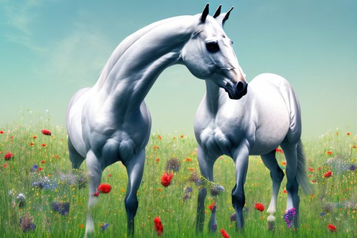 An arabian horse in a field of wildflowers in the north west region of south africa