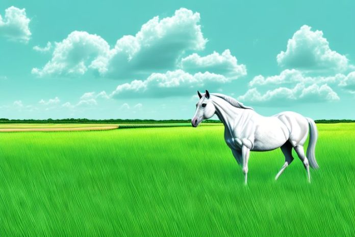 A horse in a field of lush grass with a backdrop of the margate coastline